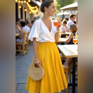 Vintage Center Stage Yellow Pleated A-Line Skirt 31” M 10